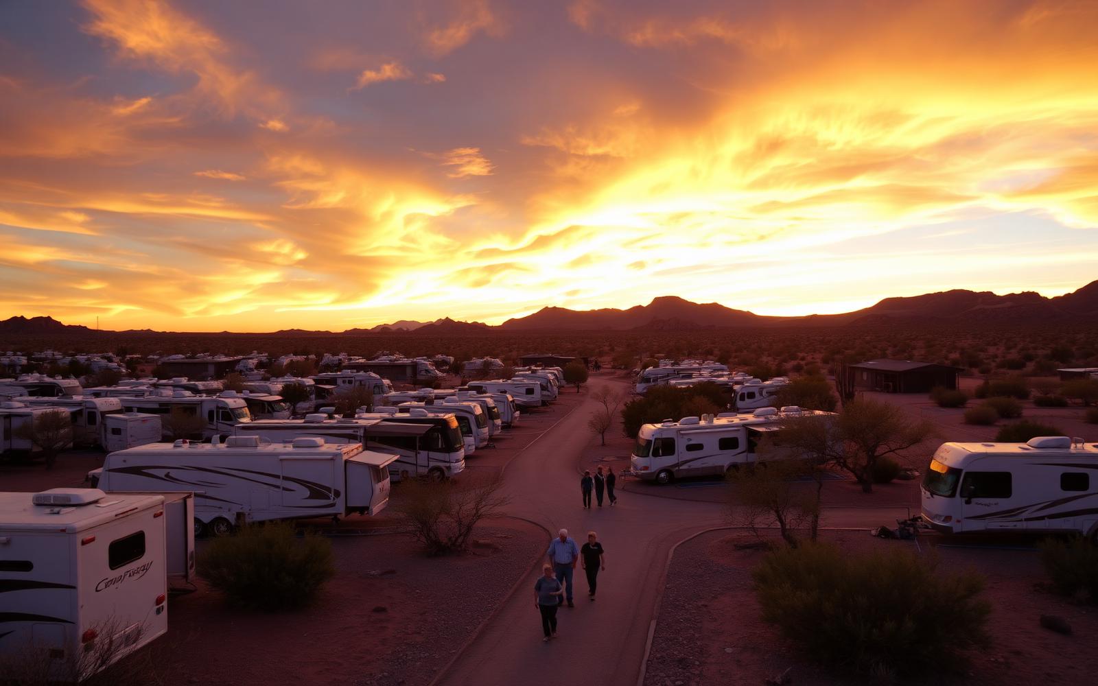 Winter snowbird RV park in southwestern Arizona at sunset